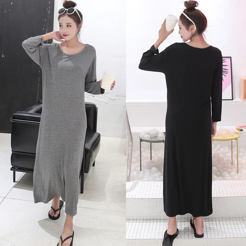 

WYWMY Spring Autumn Korean Version Loose Long Modal T-Shirt Dress Women Long-Sleeved Oversized Dress Fashion Casual Maxi Dresses