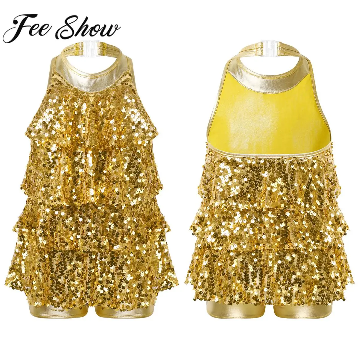 

Girls Shiny Sequins Jazz Ballet Dance Leotards Dress Halter Bodysuit Dress Modern Latin Dancing Costume for Party Performance
