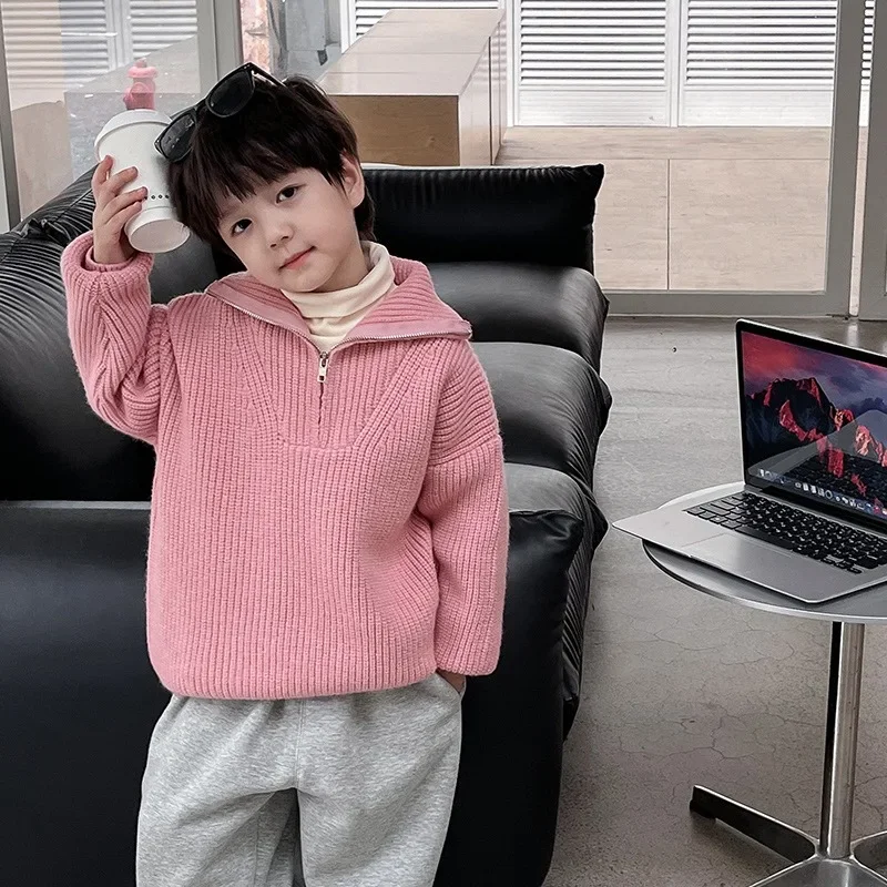 

Children Clothing Kids Sweater 2023 Winter New Korean Style Thickened Fashion Pink Half Zip Boy Casual Simple Sweet Sweater