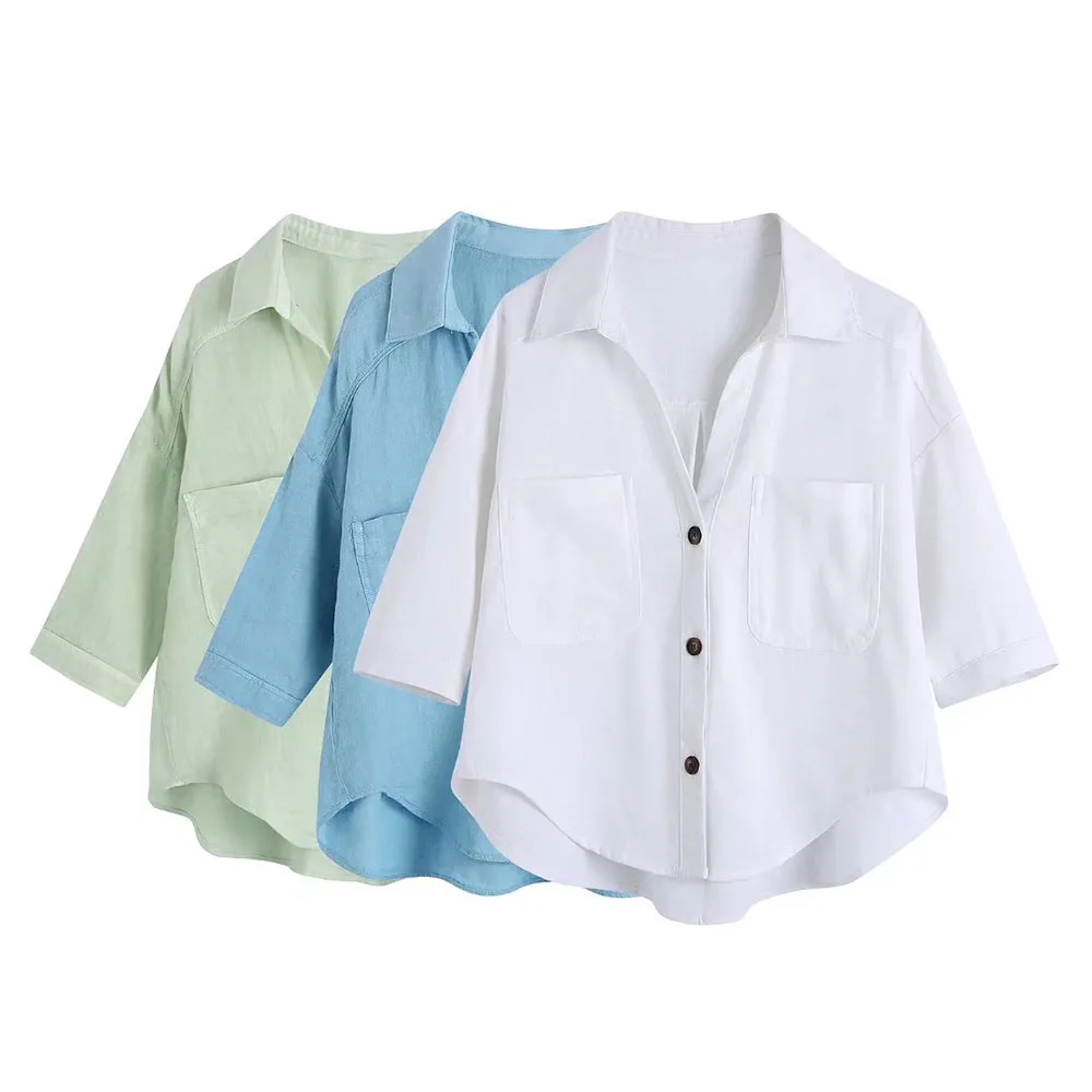 

Блузка URMASZA2022 женская с коротким рукавом, повседневная универсальная Модная рубашка из льна, три цвета, весна-лето 2022