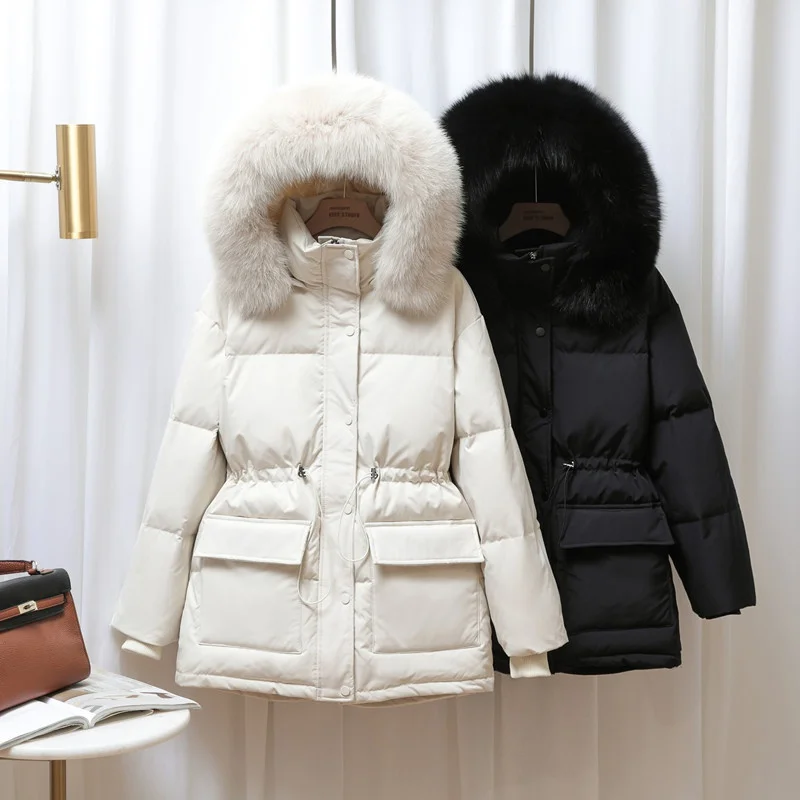 

Winter New Large Real Fur Collar Down Jacket Women Fashion Oversized Thick Waist Hooded Solid Color Big Pocket Warm Coat