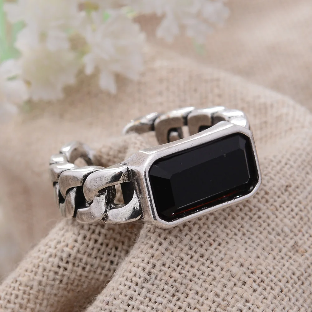 

Trendy Rectangle Design Black Crystal Thai Silver Ladies Rings High Quality Gifts For Women Christmas Day