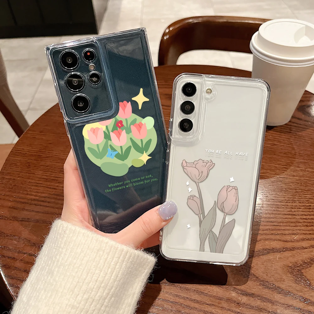 

Phone Case For Samsung Galaxy S23 S23Ultra S22 S22Ultra S21Ultra S20Ultra S21 S20 FE Plus 5G Tulip Cases Transparent Soft Cover
