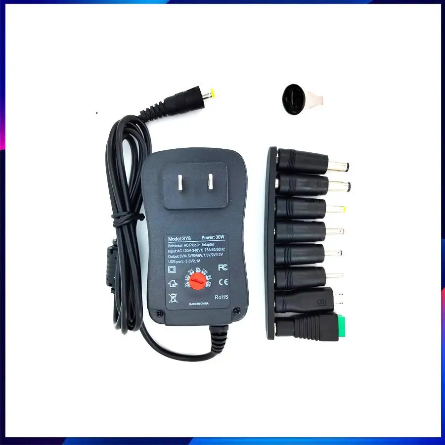 

Universal 30W AC Power Adapter With 8pcs Different Connector Tips 3V/4.5V/5V/6V/7.5V/9V/12V Multi Voltage Charger Converter