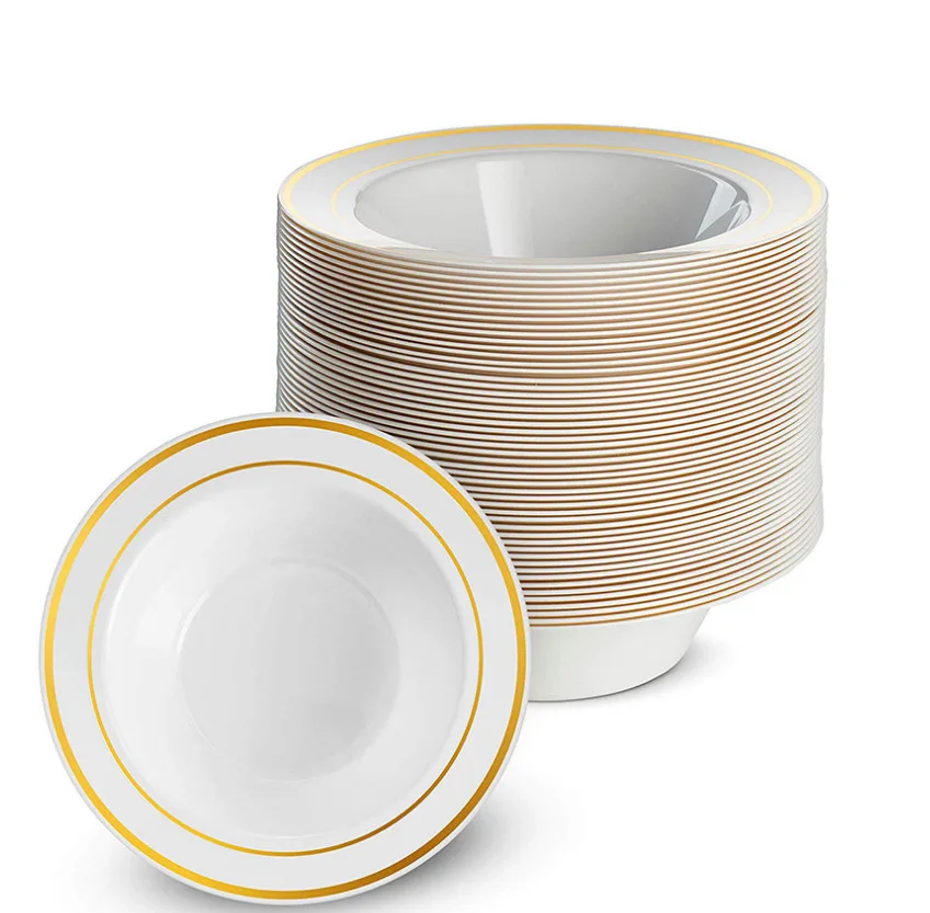 

7.5 Inch Disposable Hard Plastic Bowl Gilt Rim Deep Dish PS Salad Bowl SALAD Bowl Party Hollow Sauce Bowl 6 Pack Wedding Supply