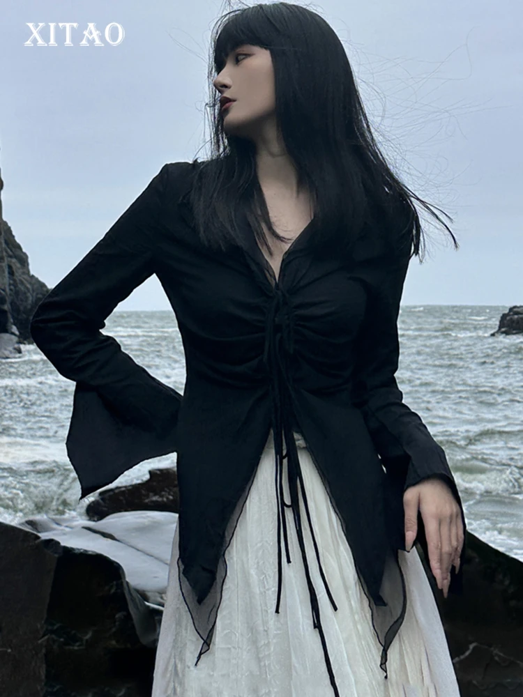 

XITAO Flare Sleeve Pleated Lace-up V-neck Top Asymmetrical Full Sleeve Shirt 2023 Summer New Women Appear Thin Top DMJ1840