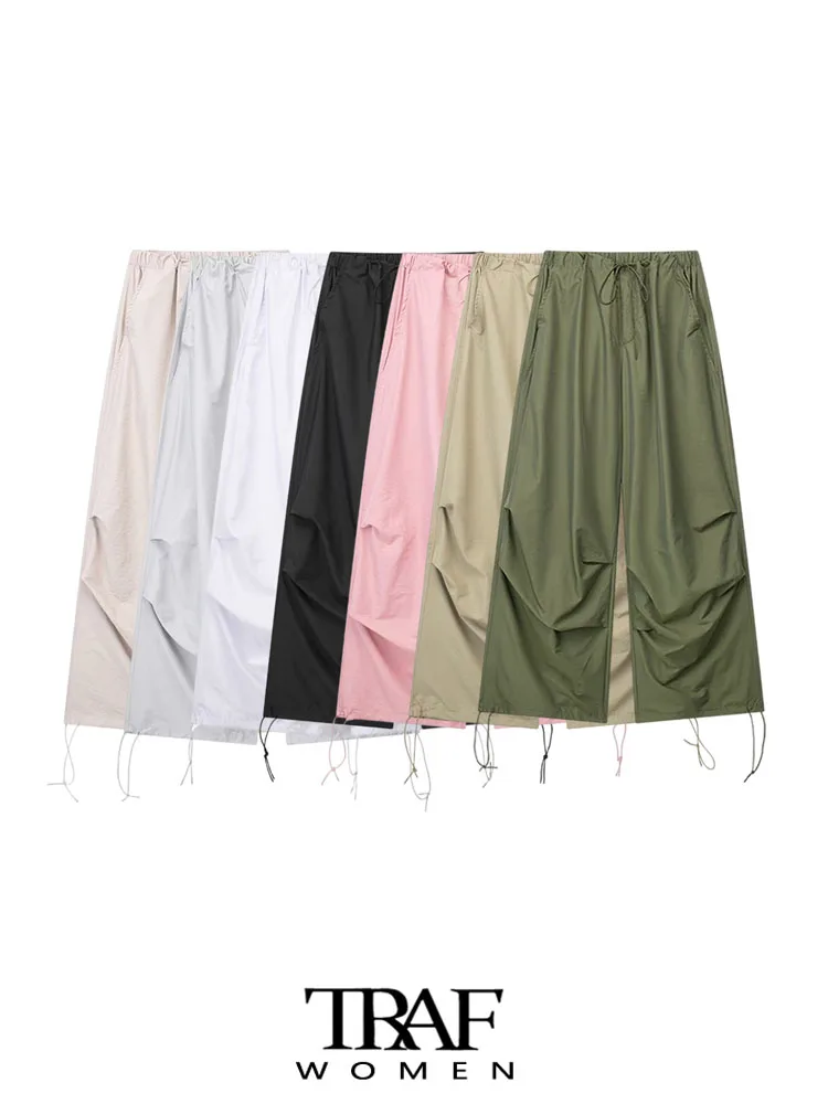 

Брюки TRAF женские с боковыми карманами, модные плиссированные парашютные винтажные брюки с завышенной эластичной талией и завязками