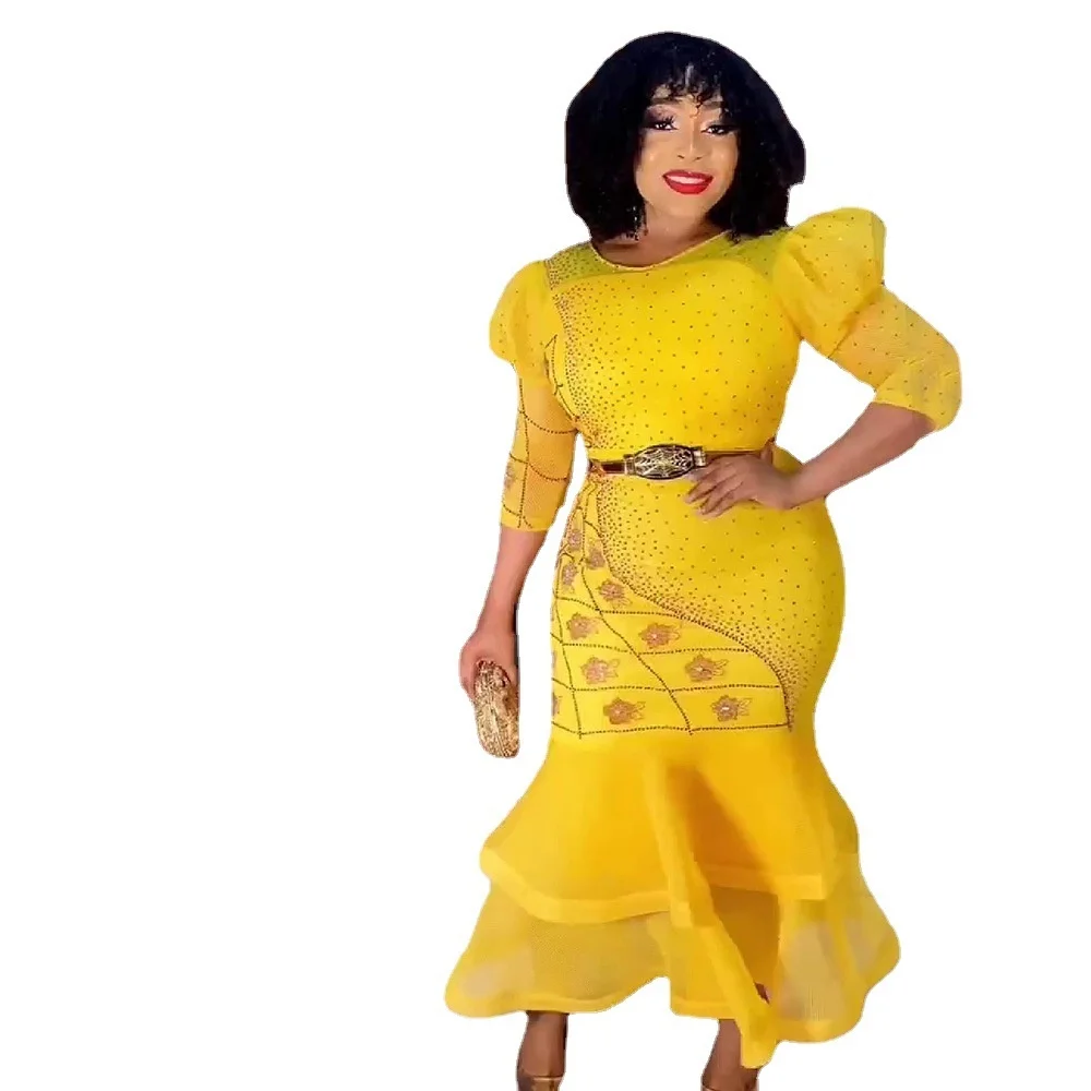 Plus Size Large Women's Dress New Round Neck Half-sleeve Hot Diamond Fishtail Skirt Fashion Fitting Long Party Female Dress