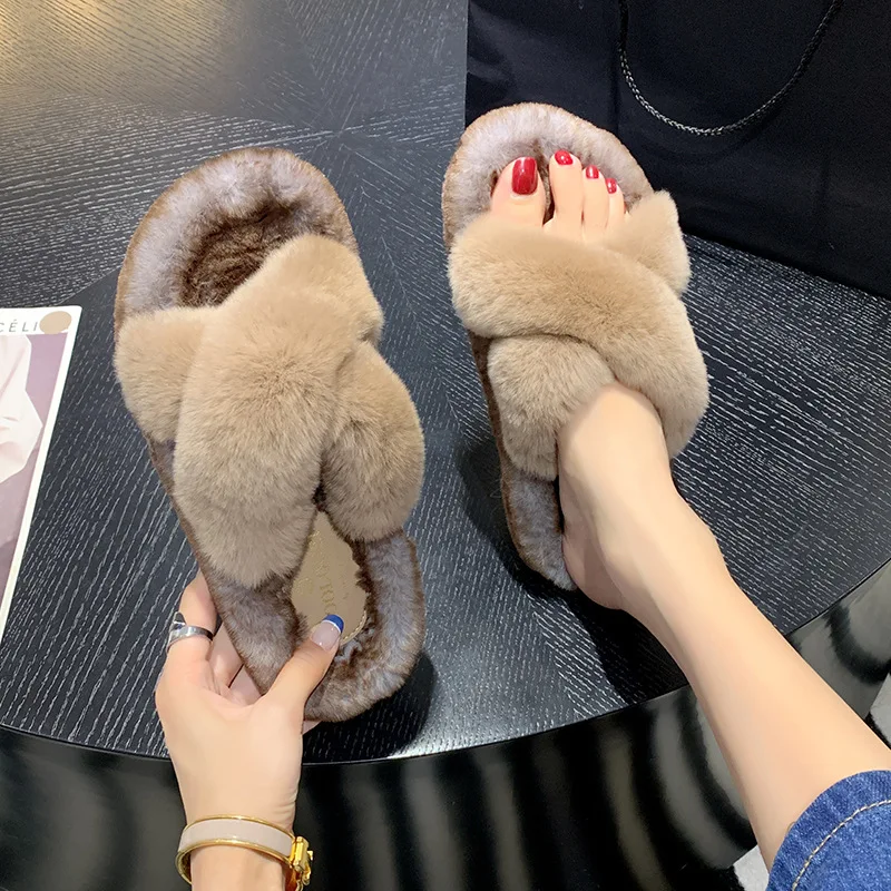 

Rabbit Fur 2022 New Women's Home Cotton Shoes One Word Slippers Thick Plush Non-Slip Warm Slippers Retro Fluffy Chaussures Femme