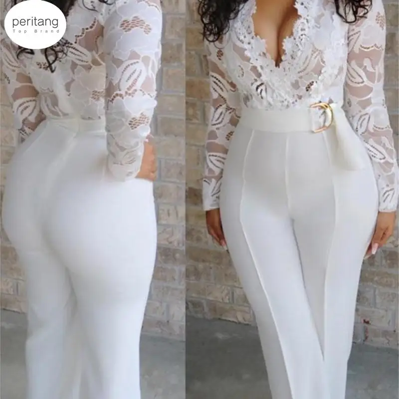 

Женский комбинезон с кружевом, белый офисный комбинезон с длинным рукавом и V-образным вырезом, длинные брюки с широкими штанинами для женщин