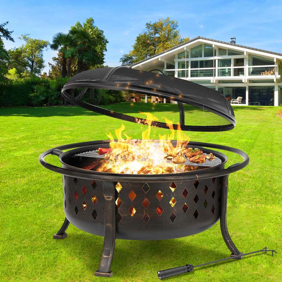 

36in Fire Bowl with Spark Protection Barbecue Grill Grate Fire Pit for Garden Patio Heat Cooling BBQ Winter Summer Camping