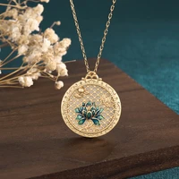 china style gilt vintage hollow pattern enamel painted lotus necklace round white hetian jade gold pendant necklaces for women