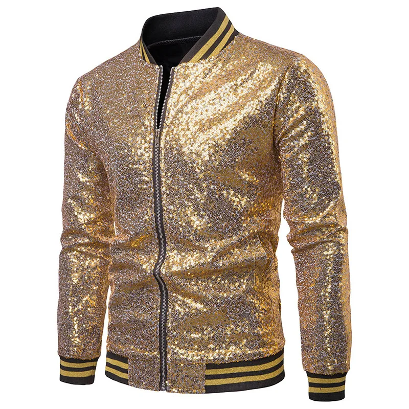 

Men Shiny Gold Sequin Varsity Jacket 70s Disco Dance Glitter Bomber Jacket Nightclub Party Prom Stage Costume Jaquetas Masculina