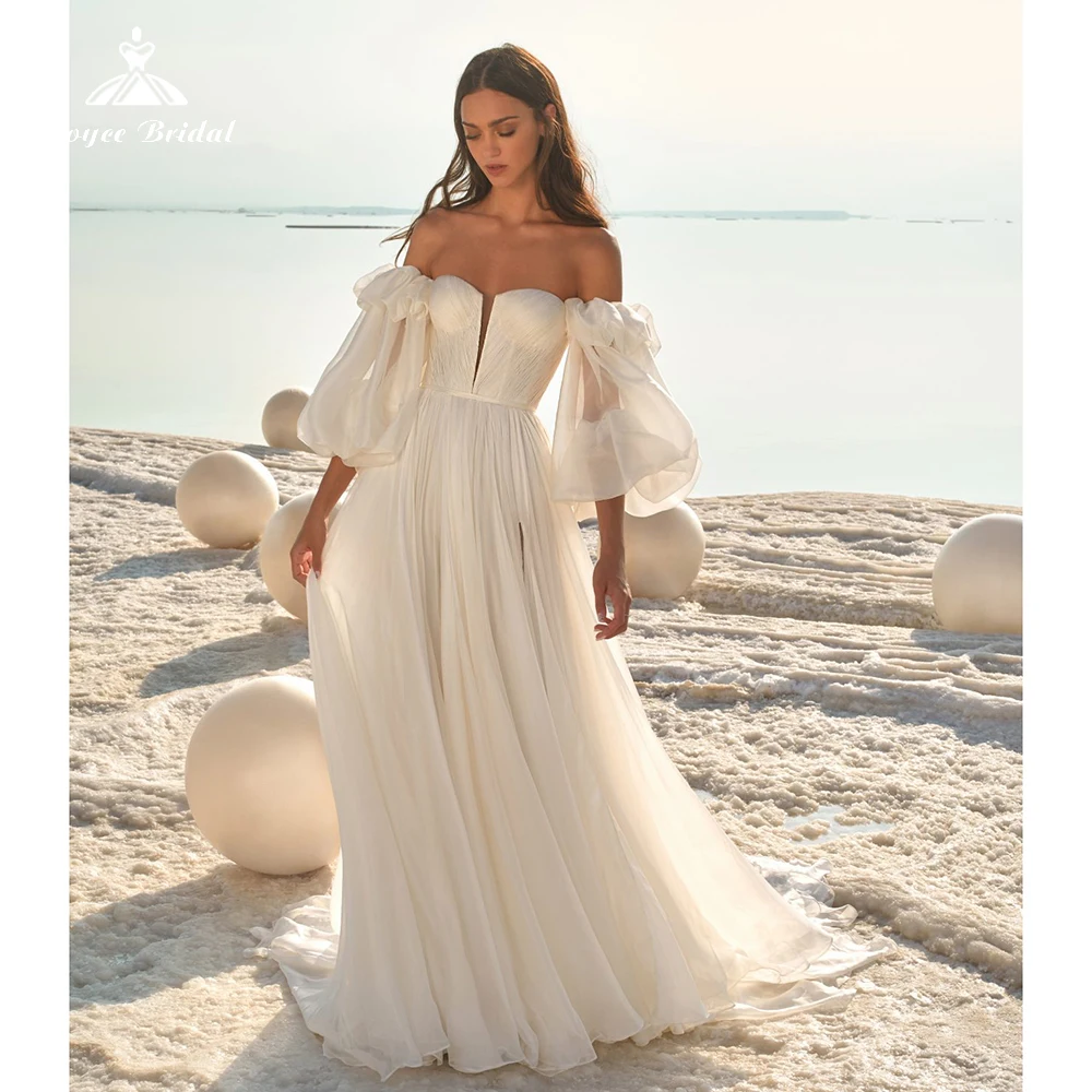 

Свадебное платье в стиле бохо цвета слоновой кости, 2023 тюлевые съемные пышные рукава, трапециевидные плиссированные простые свадебные плат...