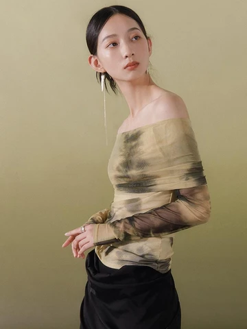 Blouses Women Tie Dye Chic Design Vintage Slash Neck Thin Slim New Summer Office Lady Sexy Soft Breathable Chinese Style Temper
