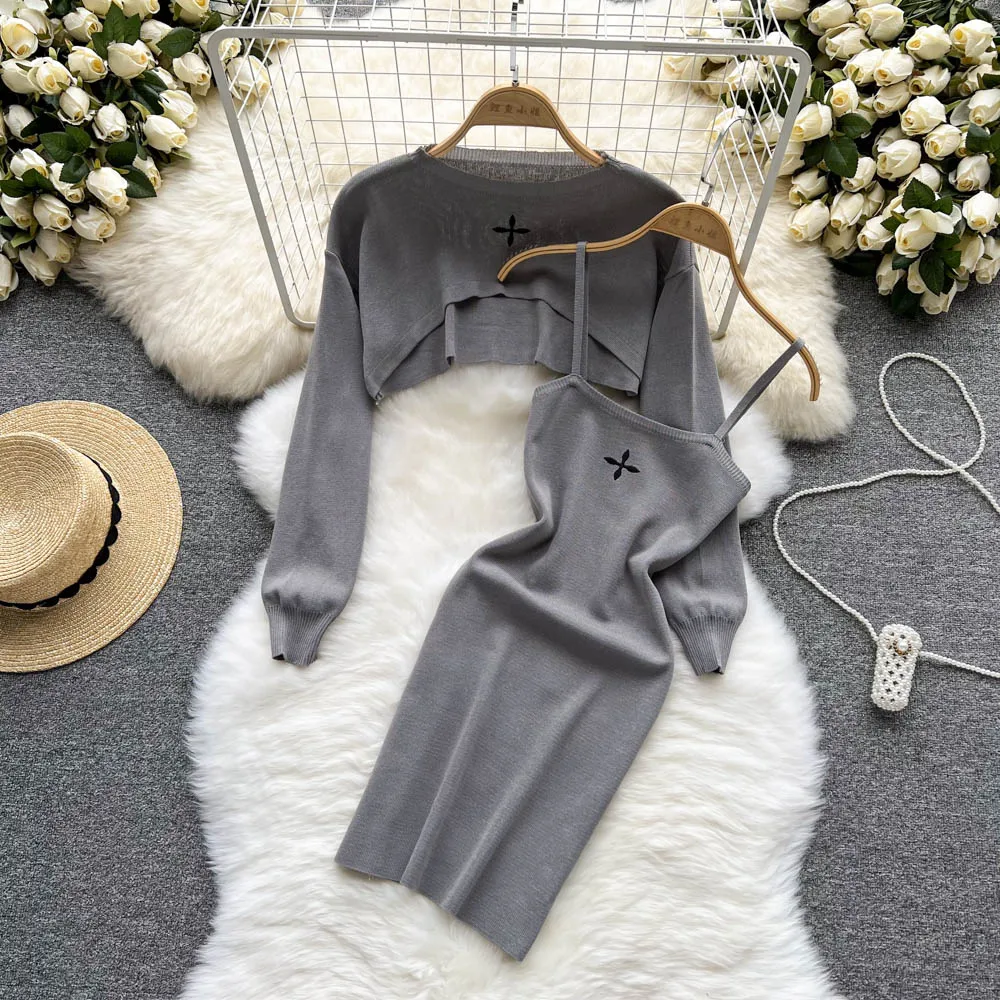 

Embroidary Knitted Women Dress 2 Pieces Sets Sexy Loose Long Sleeves Cropped Tops Sling Dress French Casual Outfits Matching Set
