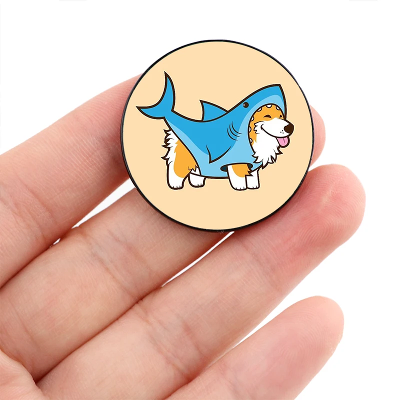 

Corgi In a Shark Suit Pin Custom Funny vintage Brooches Shirt Lapel teacher Bag Cute Badge Cartoon pins for Lover Girl Friends