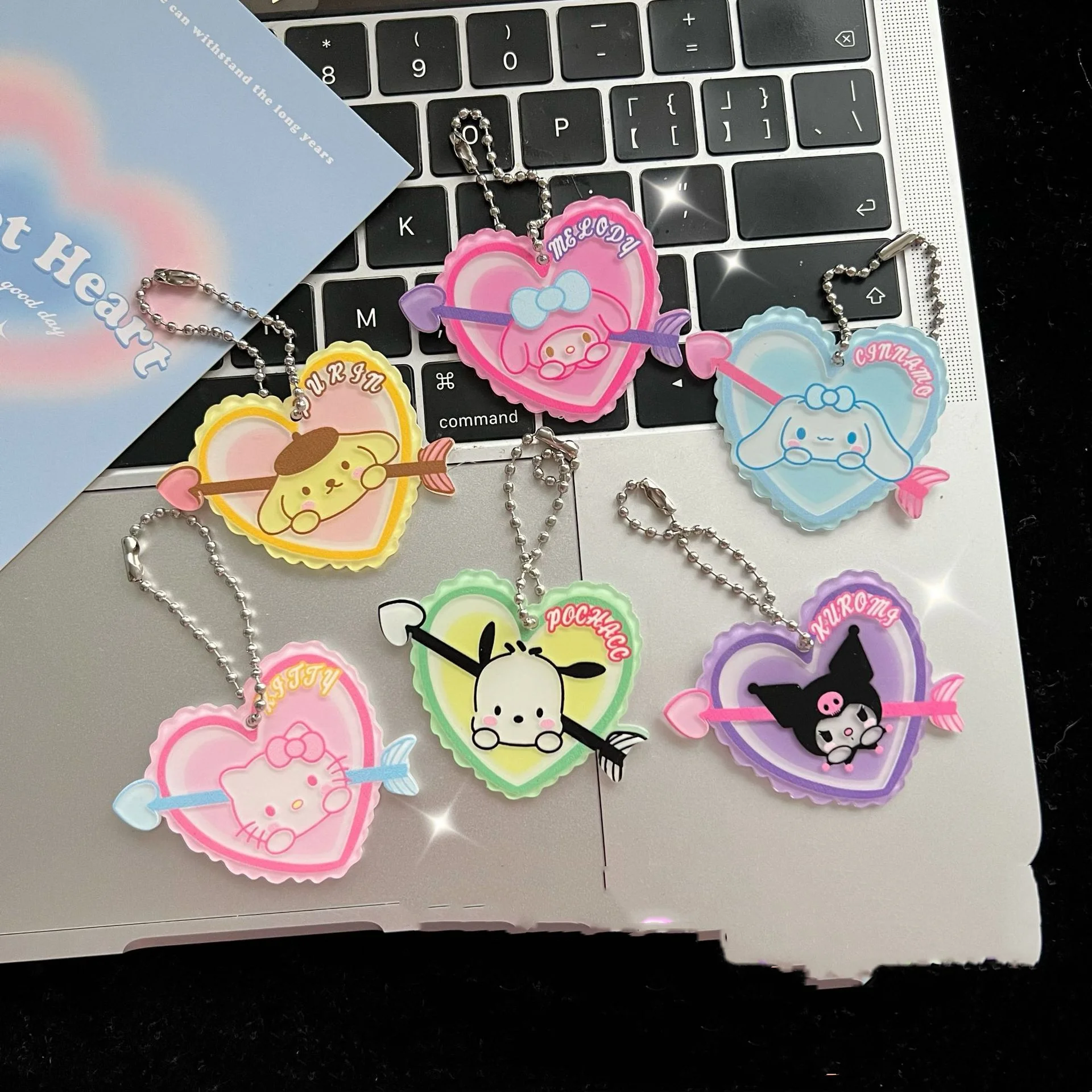 

Anime kawaii Sanrio Kuromi Hello Kitty Love Keychain Car Keyring Cute Cinnamoroll Sequins Luminous Portable Pendant Accessories