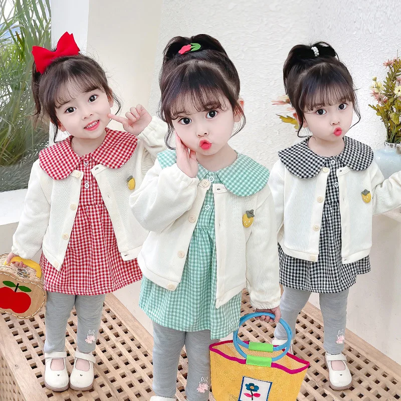 

OLEKID 2022 New Spring Autumn 3PCS Girls Clothing Set knitted cardigan Coat Plaid Dress Cotton Leggings Pants Baby Girls Clothes