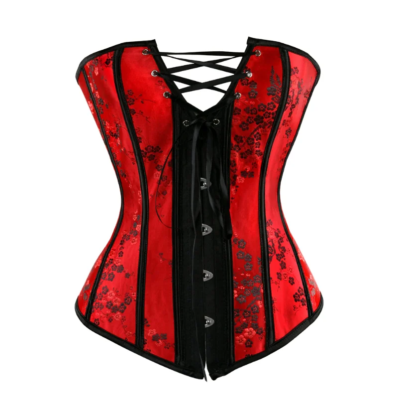 

Women Vintage Corset Top Flower Print Brocade Plus Pize Corsets Overbust Bridal Corselet Burlesque Sexy Lingerie Korse Black Red