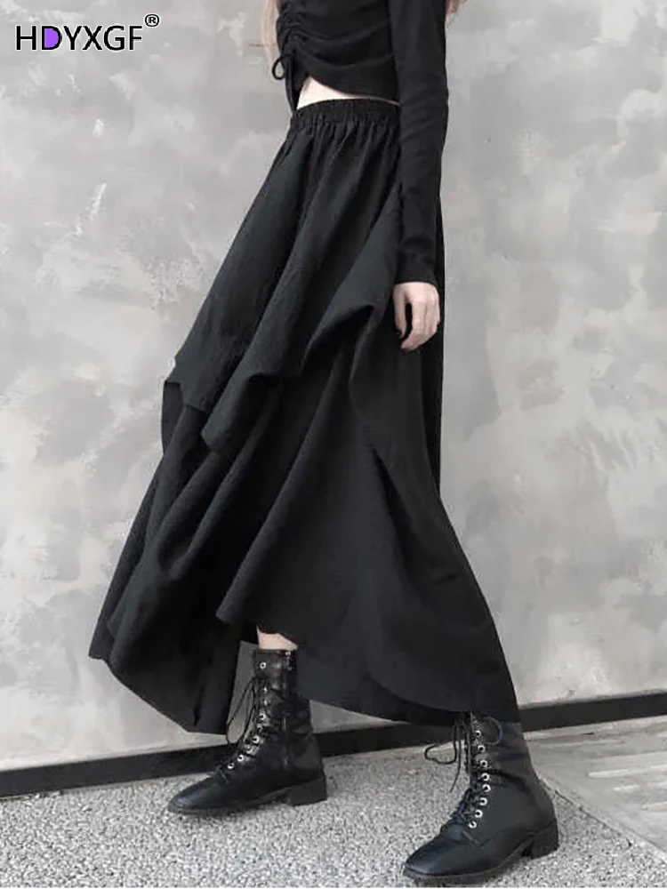 

Женская длинная юбка в стиле Харадзюку, готическая Черная Асимметричная юбка трапециевидной формы в стиле хип-хоп с высокой эластичной тал...