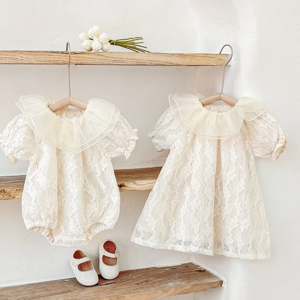 

Kid Girl Sweet Lace Princess Dress Summer Hollow Out Newborn Baby Girls Cute Peter Pan Collar Puff Sleeve Bodysuit Sister Outfit