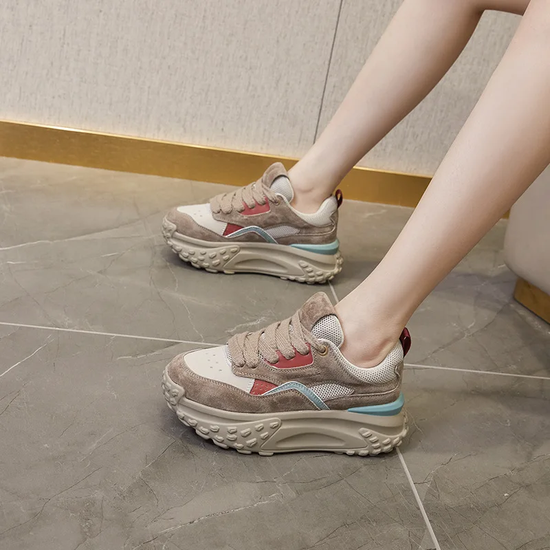 2023 New 6cm Genuine Leather Platform Mesh Breathable Sneakers Chunky Hidden Heel Mixed Color Women Spring Vulcanize Shoes