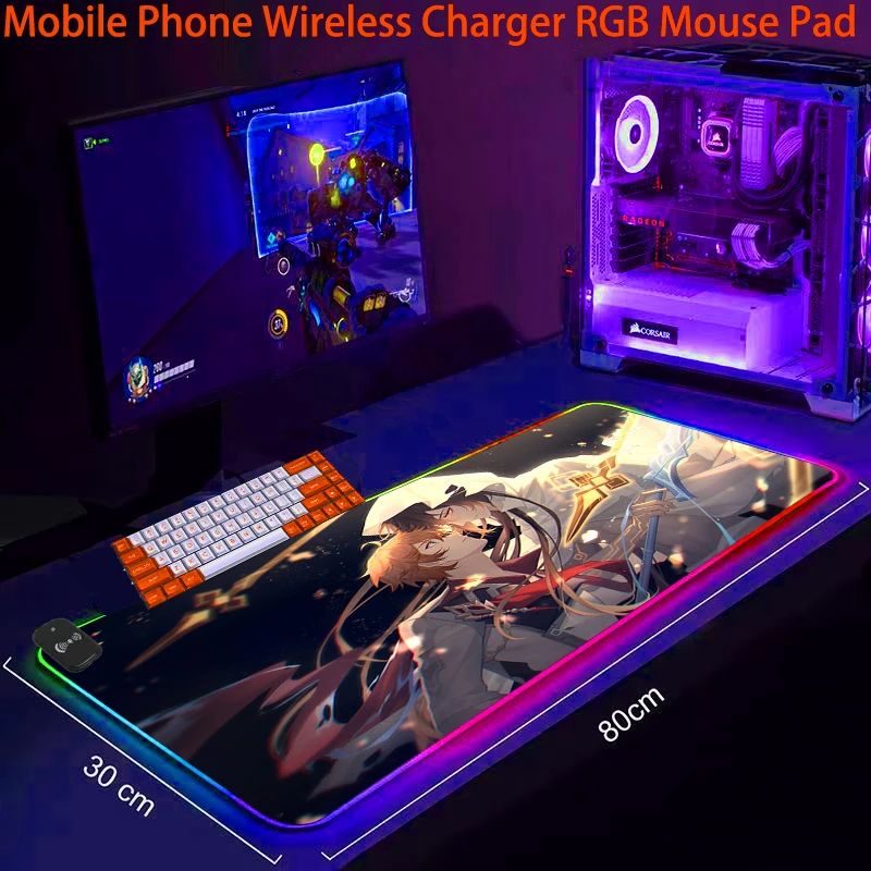 

Ударопрочный телефонный коврик для мыши Genshin с беспроводной зарядкой RGB, игровой компьютерный коврик со светодиодный кой, Офисные аксессуар...
