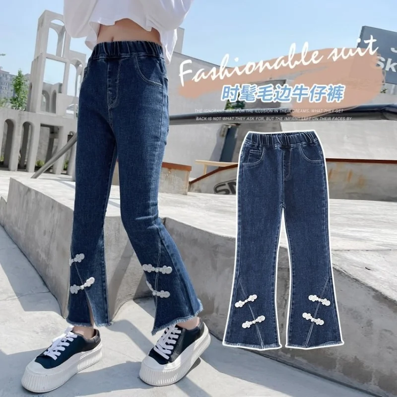 

Flared Jeans for Girls 2022 Spring New Dark Blue Split Casual Teenagers Kids Denim Pants Trend 12 13 14 Years Children Trousers