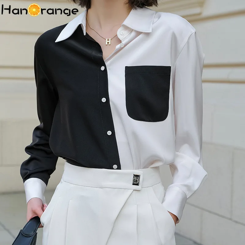 

HanOrange Women's Black White Stitching Shirt 2022 Spring OL Commuter Shirt