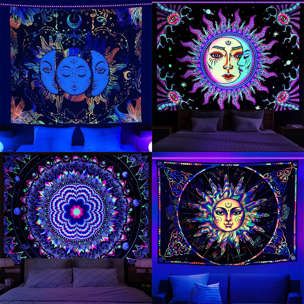 

Psychedelic Black Light Indie Mandala Flourescent Tapestry Buddha UV Reactive Tapestries Wall Hanging Hippie Tapestry Room Decor