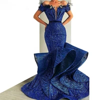 blue off the shoulder sequined ruffle evening dress mermaid ball gown banquet host beauty pageant gown
