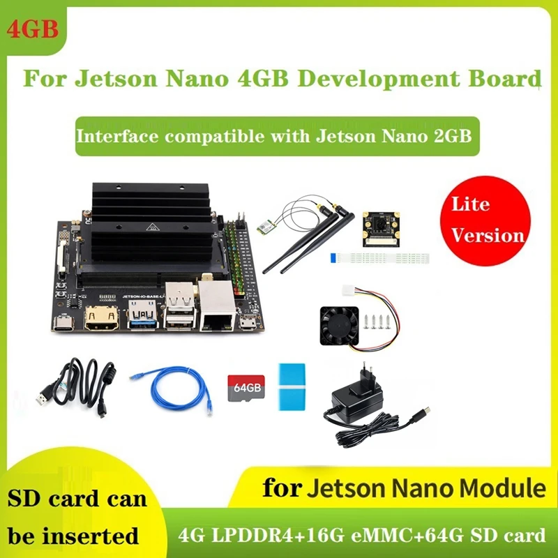 

Комплект для Jetson Nano 4 Гб Lite DEV + нано-основная плата Jetson + SD-карта 64 ГБ + кардридер + камера IMX219 + сетевая карта + вилка европейского стандарта питания