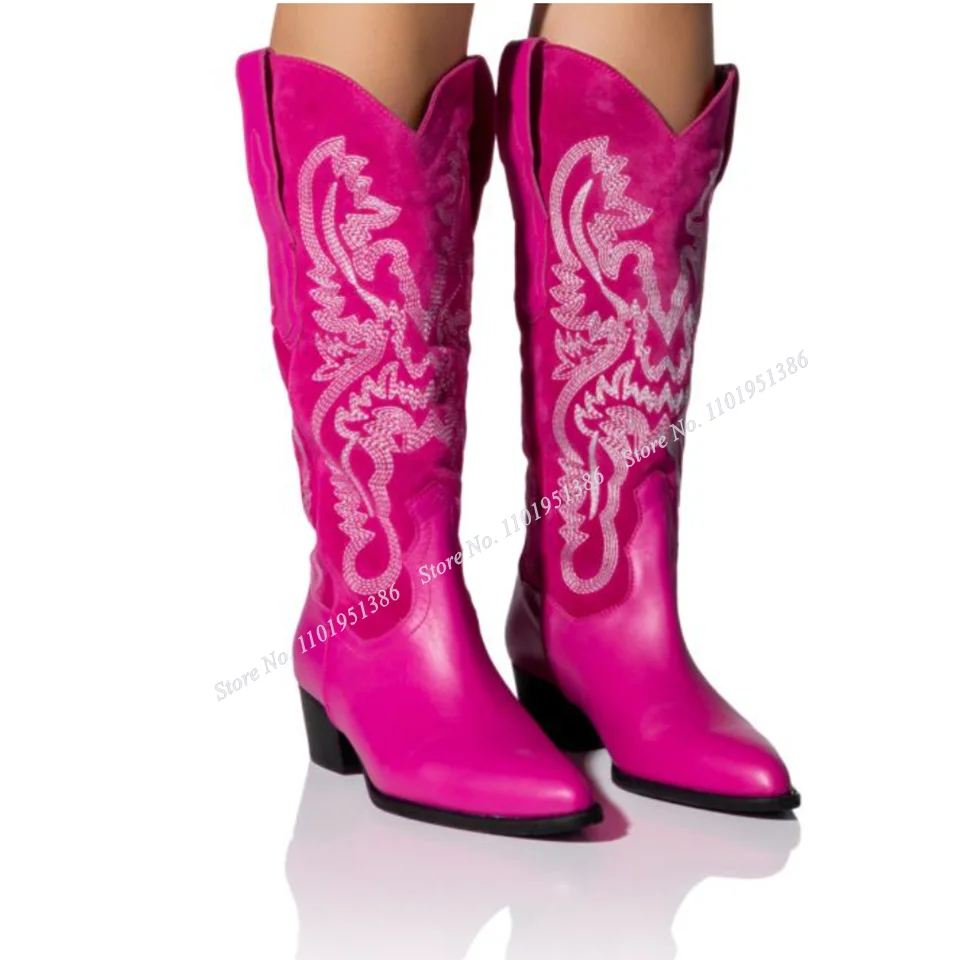 

Pereira Pink Mid Calf Boots Embroidery Slip on Solid Short Boots Pointed Toe Shoes for Women Chunky High Heels Zapatillas Mujer
