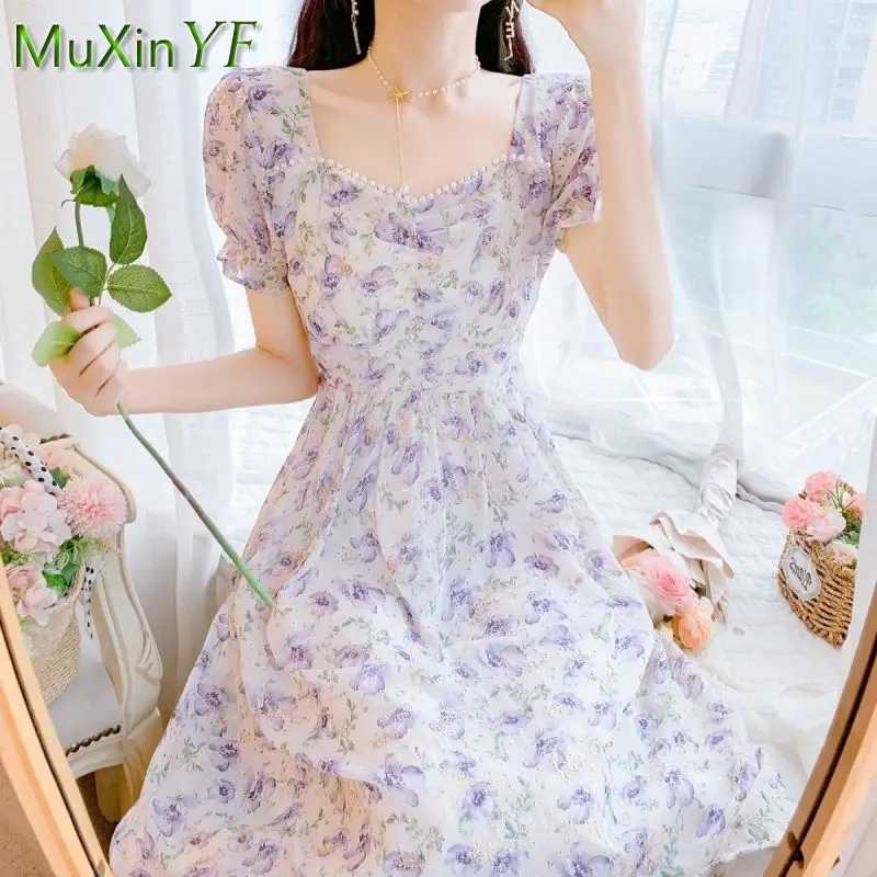 

Women's Summer Dress 2022 New Floral Square Neck Print Dresses Korean Elegant Retro Puff Sleeve Long Skirt Female Casual Clothes