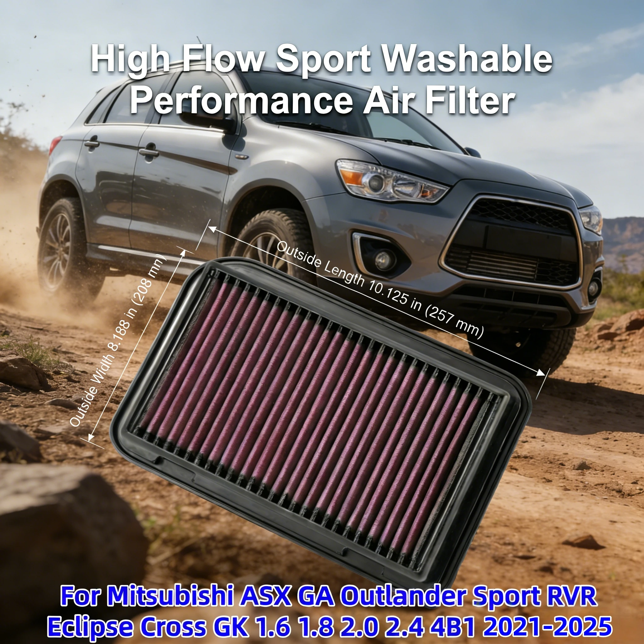 Фото Для Mitsubishi ASX GA Outlander Sport RVR Eclipse Cross GK 1.6 1.8 2.0 2.4 4B1 2012-2025: Высокопроизводительный спортивный моющийся воздушный фильтр №1