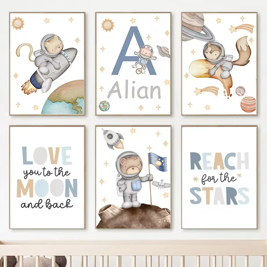 Кролик собака кошка лиса медведь космос ракета планета солнце земля настенная