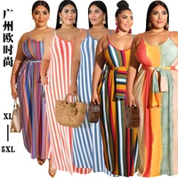 sling dress summer new large size womens striped loose belted ropa mujer talla grande plus big women clothing vestidos 2022