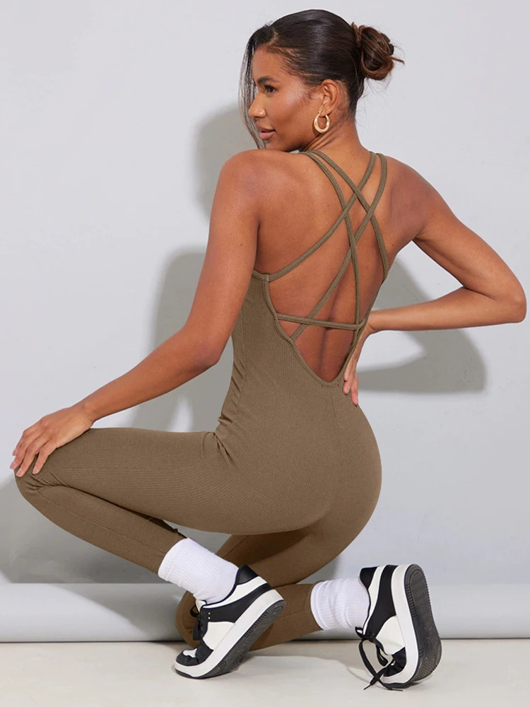 

Sexy Scoop Neck Sleeveless One Piece Jumpsuit Street Solid Sport Workout Outfits Casual Women Criss Cross Backless Sport Romper