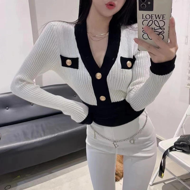 

Женский трикотажный кардиган в стиле пэчворк, привлекательный облегающий свитер контрастных цветов с V-образным вырезом, Элегантный французский свитер, 2023