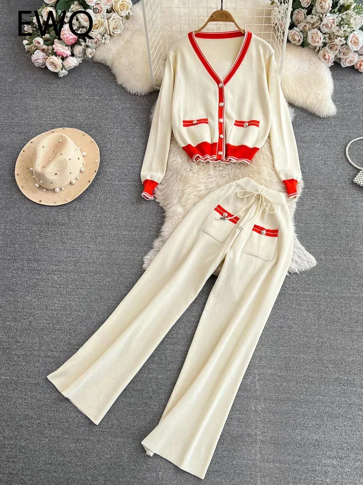 

Женский Повседневный комплект EWQ, трикотажный однобортный жакет с длинным рукавом и V-образным вырезом и брюки с высокой талией, Осень-зима 2023, SN4451