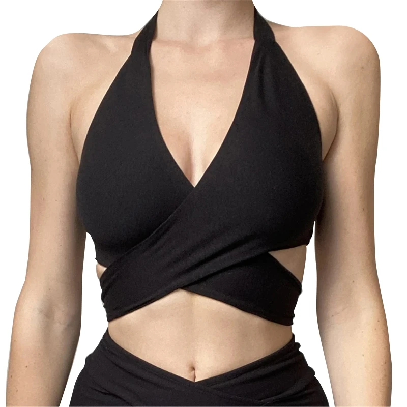 

Женский укороченный топ на бретельках с перекрестными лямками спереди, с вырезом на шее, без рукавов, с открытой спиной, бандажный жилет, лет...