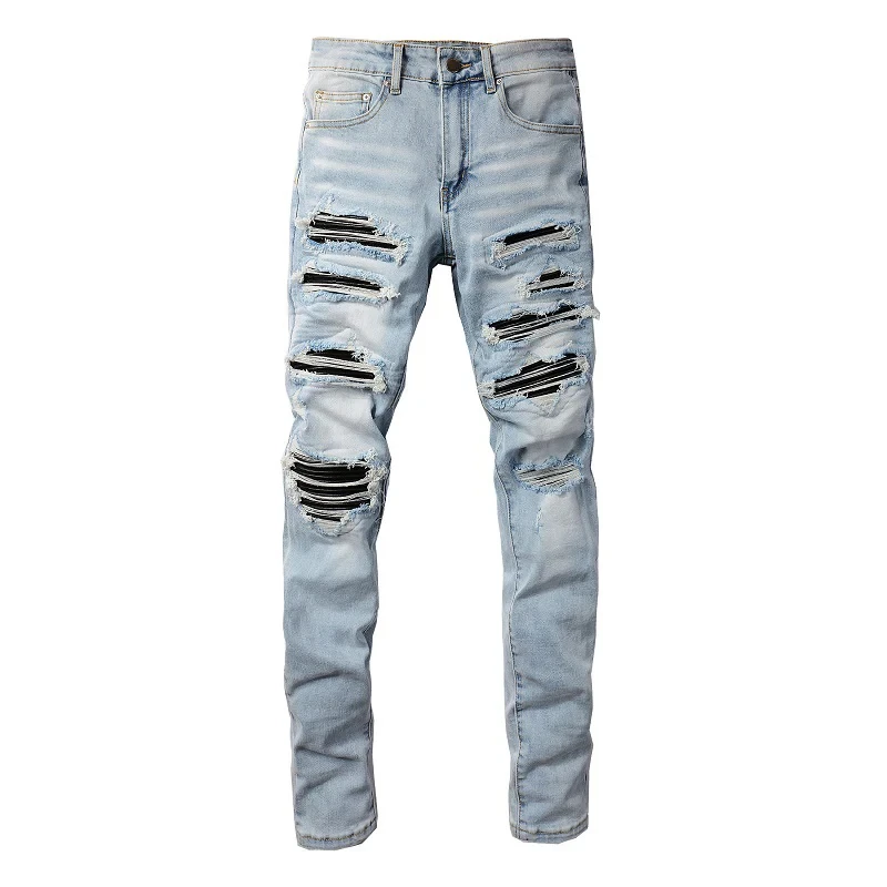 

New Arrivals Distressed Light Indigo Slim Fit Streetwear Skinny Stretch Destroyed Holes Black Ribs Patches Ripped Jeans