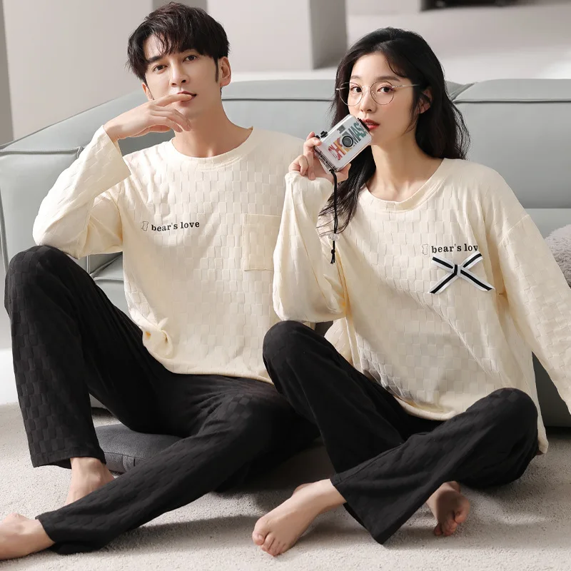 Yasuk Spring Autumn Women's Casual Soft Sleepwear Homewear Couple Pajamas Set With Pants Cotton Simple Solid Bow Unisex