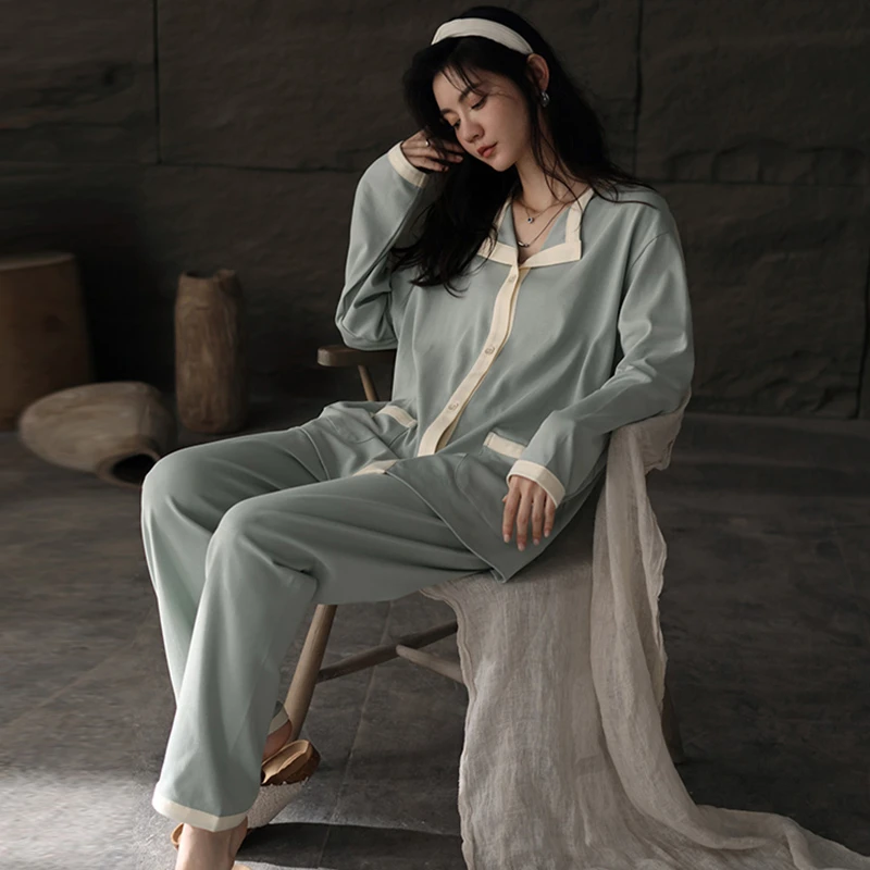 CAIYIER Autumn Winter Cotton Pajamas Set Grapes Leisure Cardigan Sleepwear Soft Long Sleeve Trousers Female Nightwear Homewear