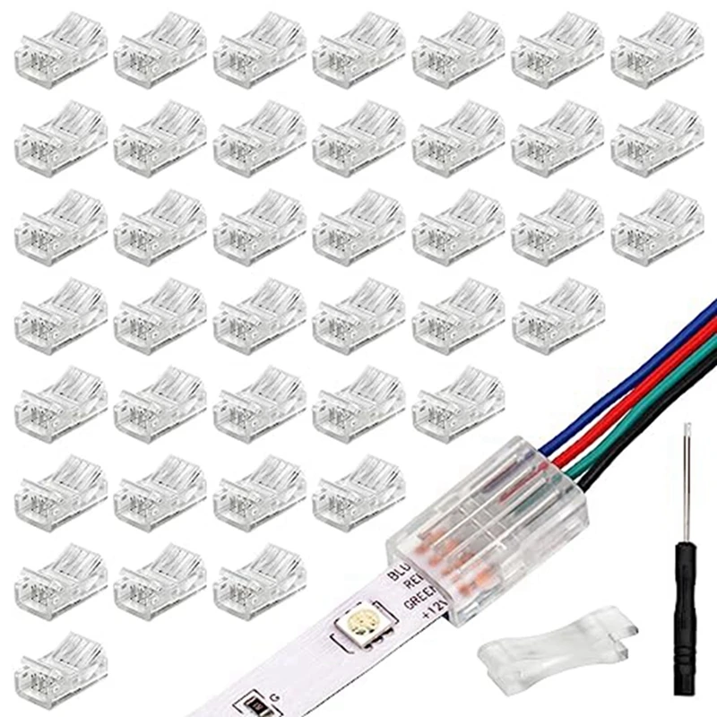 

40 Pack Transparent Light Strip Connectors 4-Pin 10Mm Solderless LED Strip To Wire Quick Connector, Waterproof Adapter