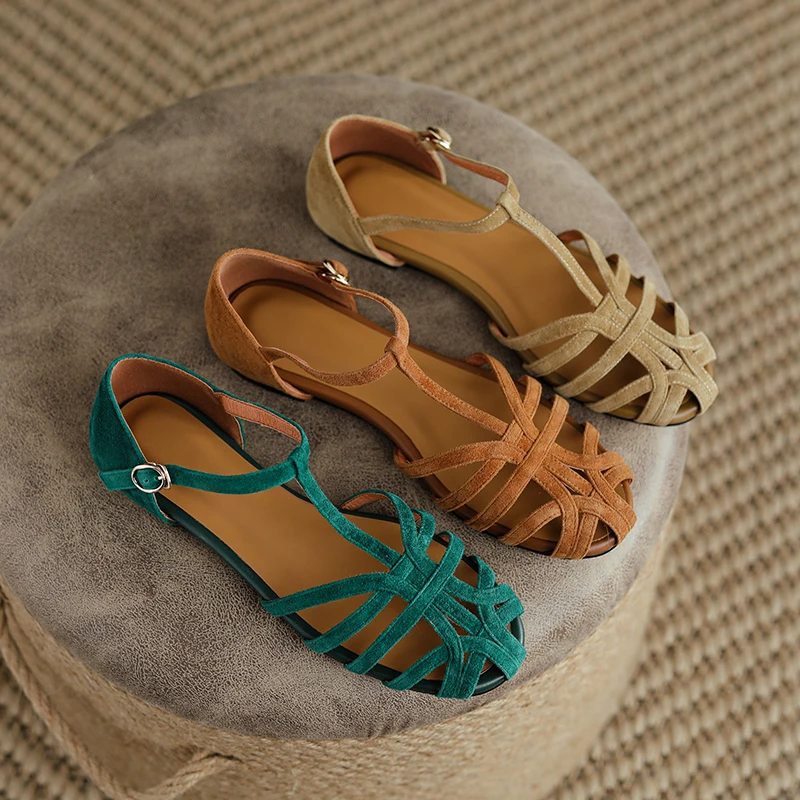 Roman Style Gladiator Shoes Kid Suede Summer Shoes With Closed Toe Buckle One Strap Women Flats For Spring Women Retro Sandals