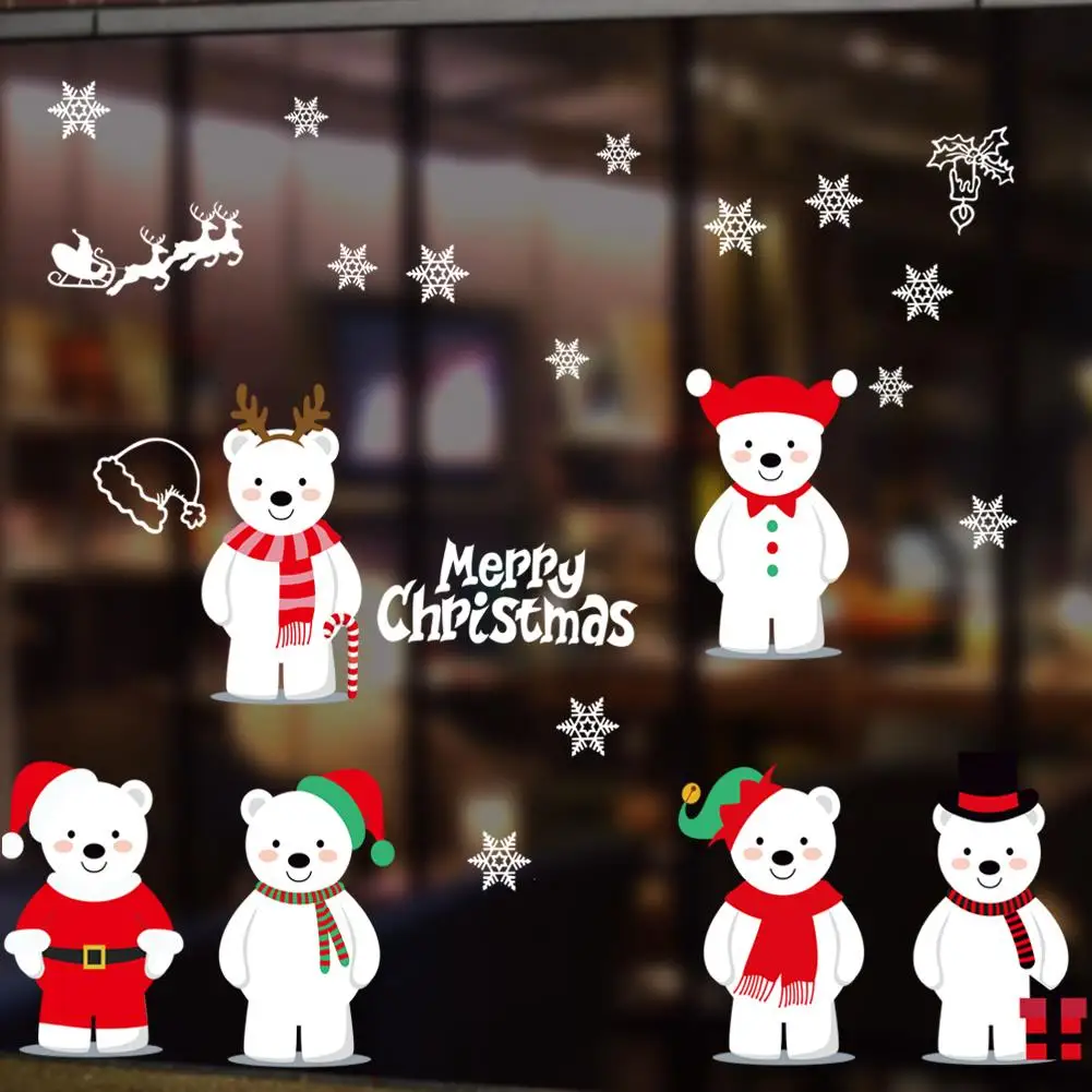 

Мультяшные медведи, снежинки, наклейки на стену для магазина, офиса, украшение для дома, «сделай сам», Счастливого Рождества, фестиваля, худо...