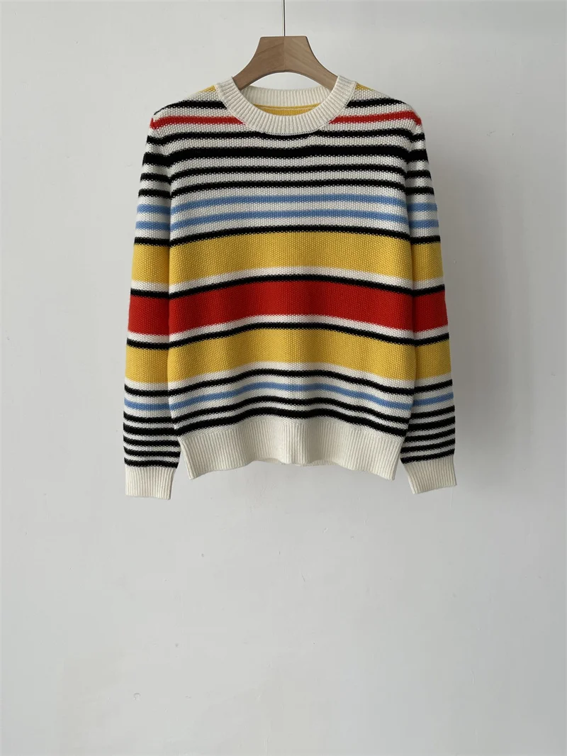 

Осень 2022, высококачественный полосатый кашемировый вязаный пуловер с круглым вырезом, свитер