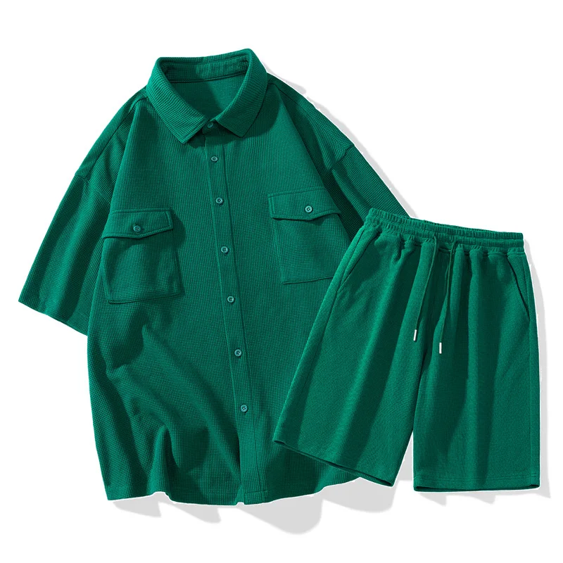 Summer green short-sleeved shirt suit men's trend casual shirt 2023 new tide brand plankton men's two-piece set